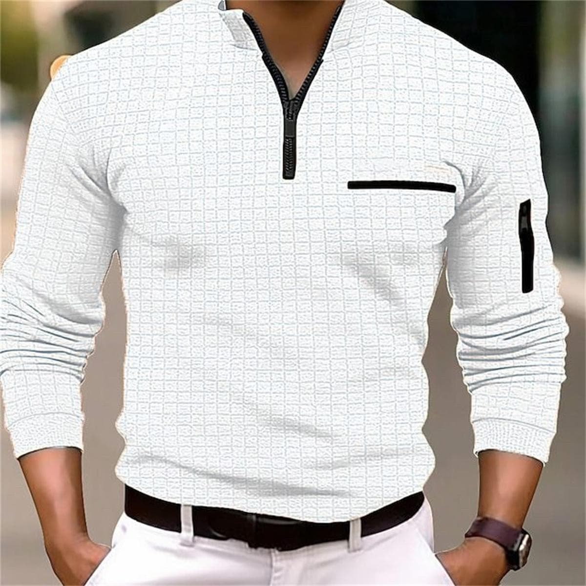 Men's Spring and Autumn Fashion Casual T-shirt Men's Checkerboard Checked POLO Shirt Arm Zipper Sports Polo Shirt M white