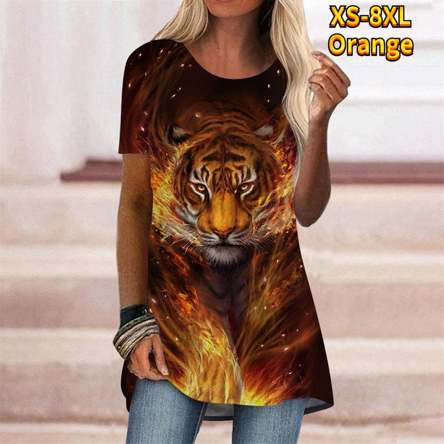 Plus Size Women Summer Tiger Printed Comfy Short Sleeve Round Collar T-shirt Casual Baggy Mid Length Tee Tops 6XL orange