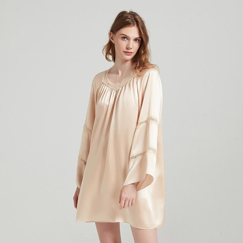 100% Mulberry Silk Casual Nightdress Sleepwear Heavy Silk Pajamas Nightgown Lace Pleated Long Sleeves Dresses Comfortable Robe L gold