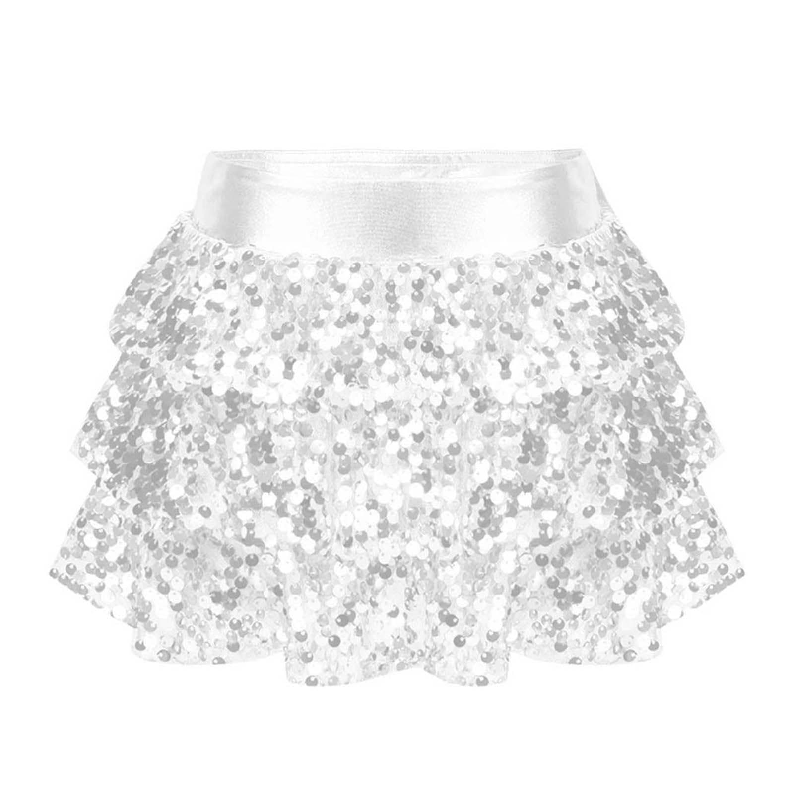Girls Shiny Sequins Tiered Ruffle Skirted Shorts Metallic Elastic Waistband Culottes Dance Performance Costume 5-6 Years silver