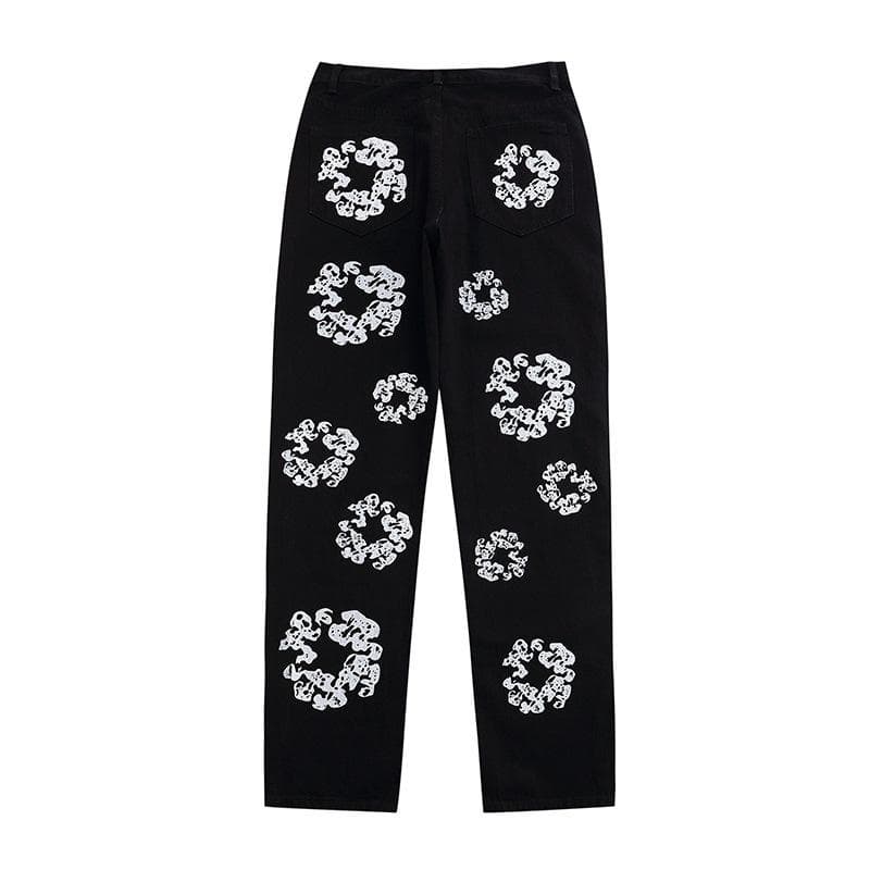 New American High Street Flower Printed Jeans for Autumn, Men and Women, High-waisted Slim Casual Trousers M