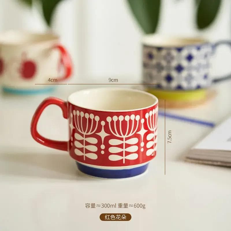 laysda 300ml Japanese Flower Coffee Mug Set Retro Ceramic Milk Oats Mug Office Water Handgrip Cup Kitchen Party Drinkware Set 301-400ml
