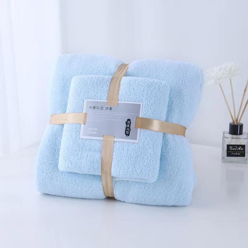 Coral Velvet Towel Set Bath Towel Household Large Size Water Absorbing Quick Drying Swimming Beach Towel Bathroom Accessories 2Pcs/set blue
