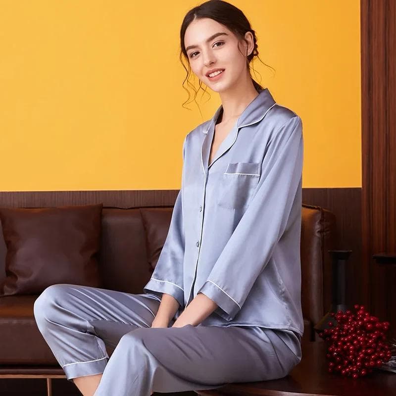 100% Silk Pajama Set for Women Summer and Autumn Long Sleeve Mulberry Silk Home Wear Silk Pajama Set for Women 2XL