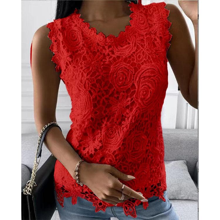 Plus Size Floral Vest Camisole Summer Tops Fashion Lace Blouse Women Jacquard Sleeveless Shirts Casual Women Vintage T-Shirt L wine red