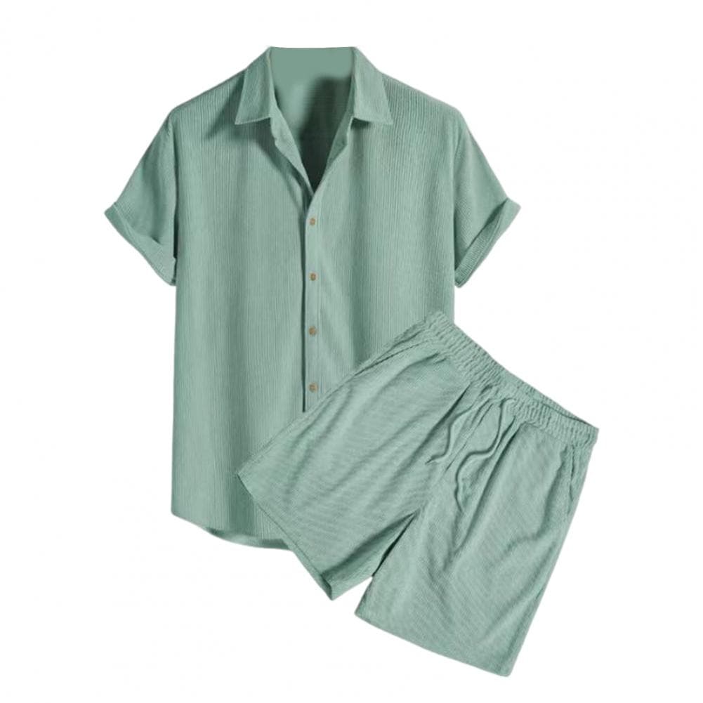 2Pcs/Set Men Casual Outfit Lapel Short Sleeve Single Breasted Shirt Elastic Waist Adjustable Drawstring Shorts Set Solid Color O M