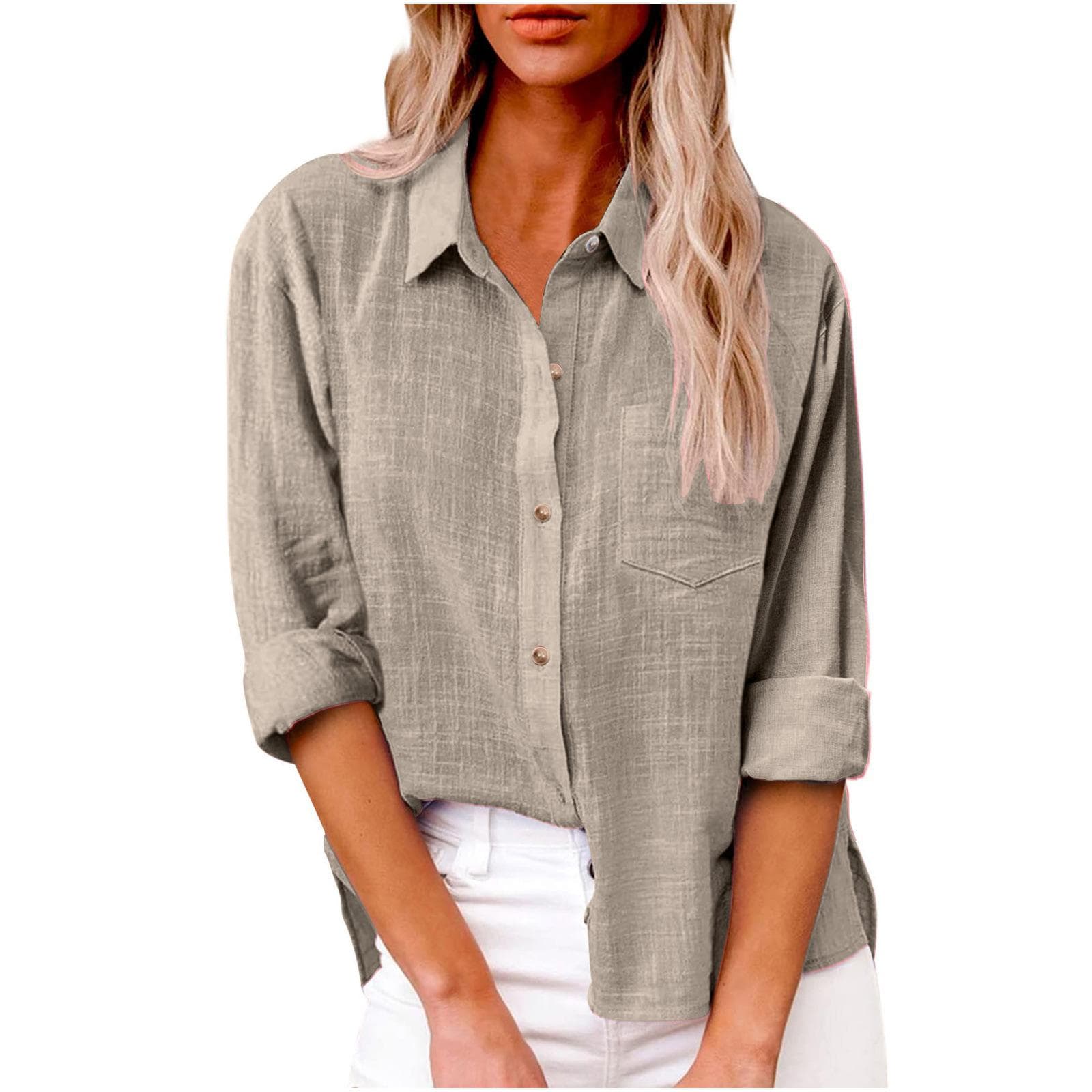 Thin Fabric Spring Autumn Pocket Split Long Sleeve Blouse Women's Breathable Soft Top Plus Size Cotton Linen Shirt XXL khaki