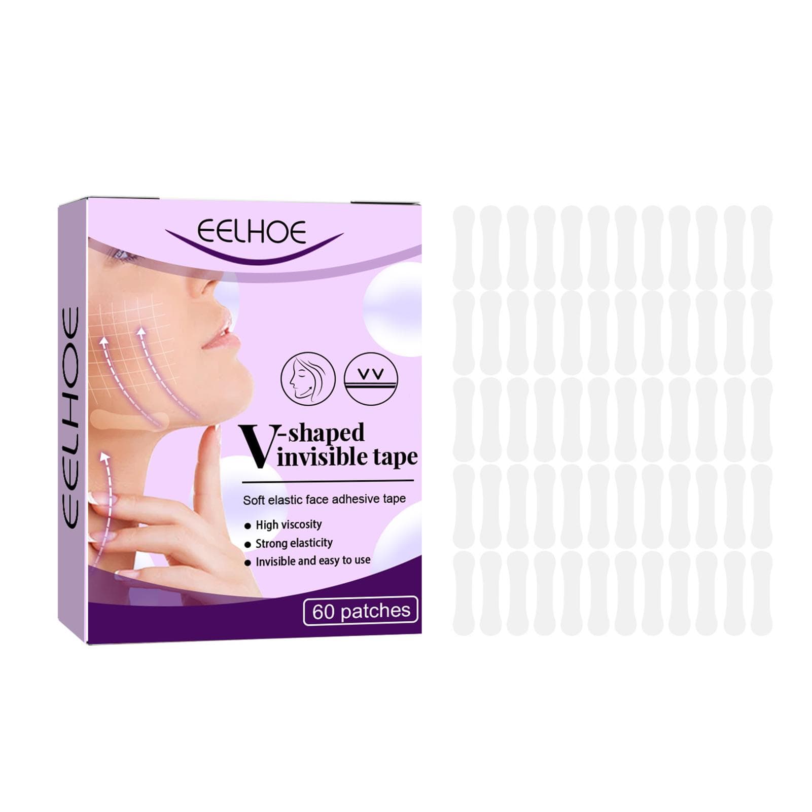 EELHOE 60Pcs/Box V-shaped Invisible Tape Skin-friendly Elastic Waterproof Lasting Face Lifting 60Pcs