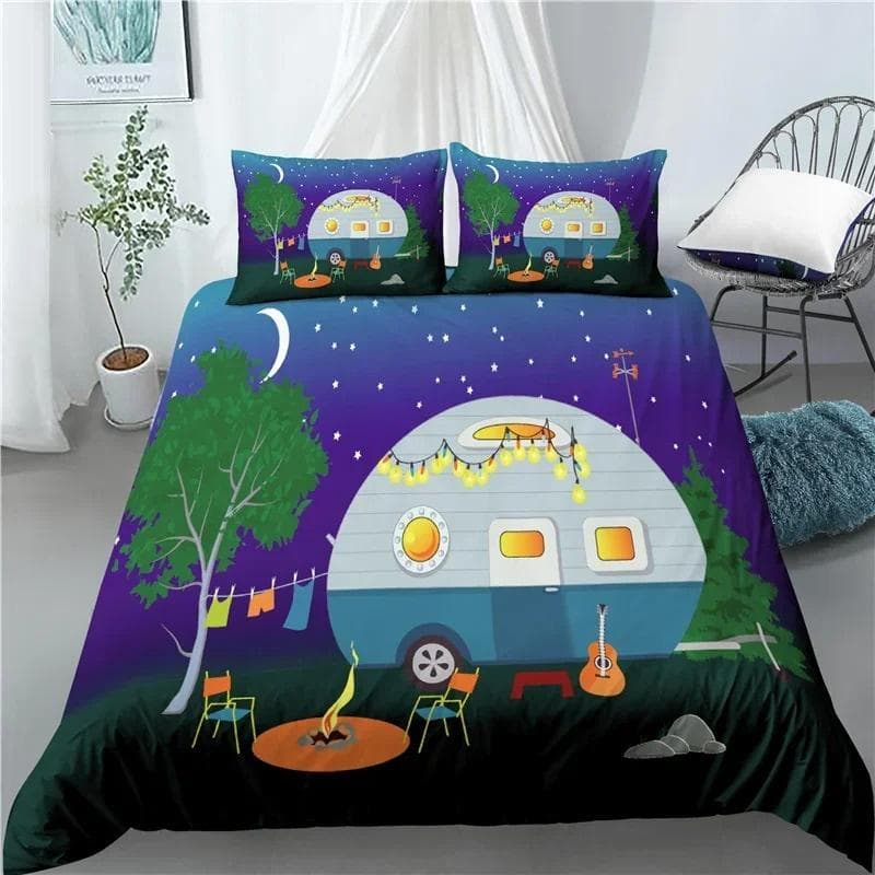 Happy Camping Duvet Cover Queen Cartoon Caravan Camping Bedding Set Farmhouse Style 3D Camper Comforter Cover With Pillowcases 180x210cm 3pcs