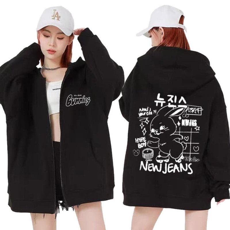Korean NewJeans Bunny Kawaii Graphic Zip Up Hoodies Fashion Kpop Style Cute Hoodie Men Women's Casual Jackets Zipper Sweatshirts M