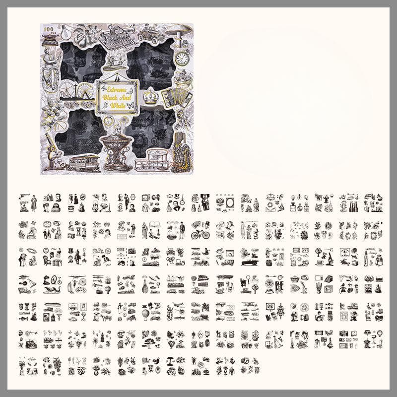 100pcs/Boxed Vintage Large box Stickers Butterfly Flowers Plant Stick Labels Decorative Scrapbooking Material DIY Junk Journal black