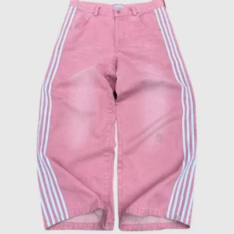 Retro Street Striped Jeans Men's Harajuku Style Casual Wide-leg Gothic Straight-leg Floor Trousers XL pink