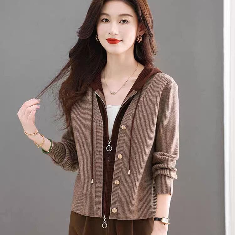 Short Hooded Sweater Jacket for Women In Autumn and Winter New Knitted Cardigan Fake Two-piece Top 2XL