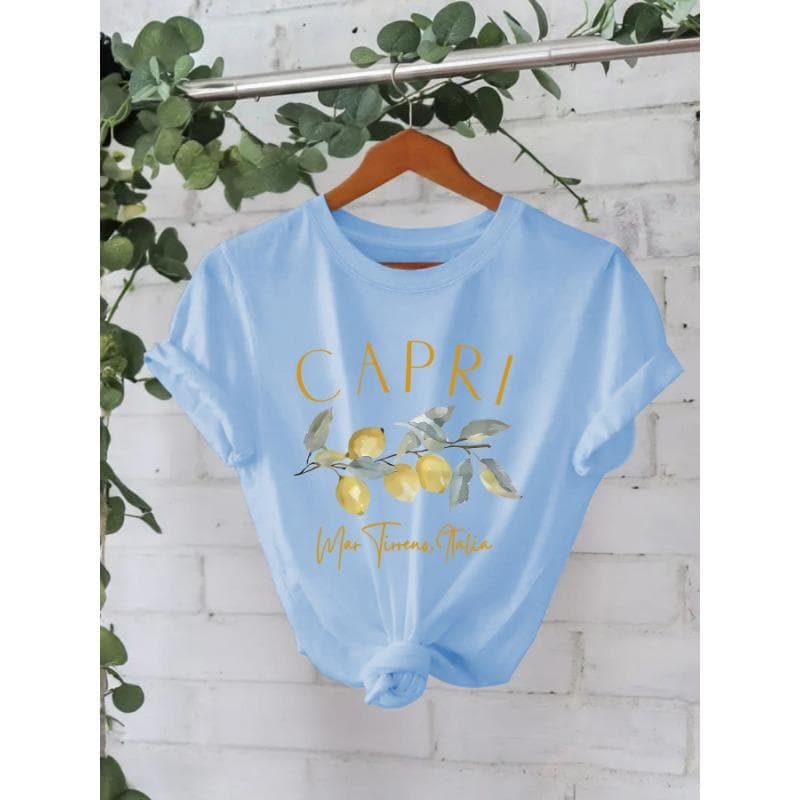 Pure Cotton Summer Short-sleeved Round-neck Printed T-shirt M sky blue