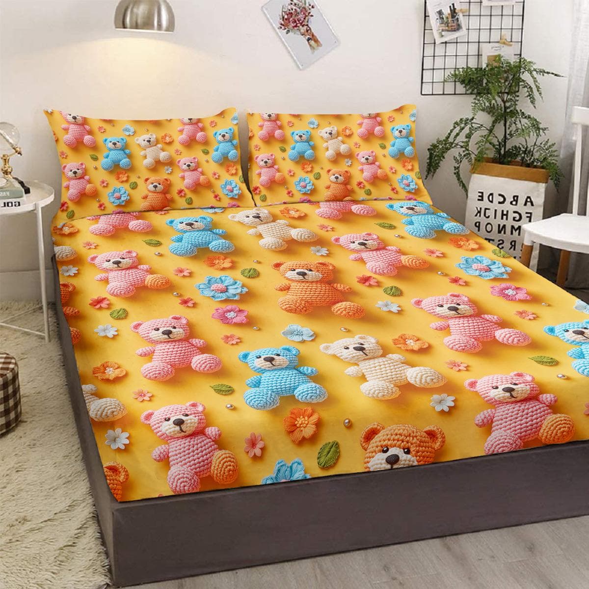 Orange Knitted Teddy Bear 3-Piece Bedding Set With 2 Pillowcases, Suitable For Living Room And Bedroom (Toy Bear, Children) 99cmx199cm