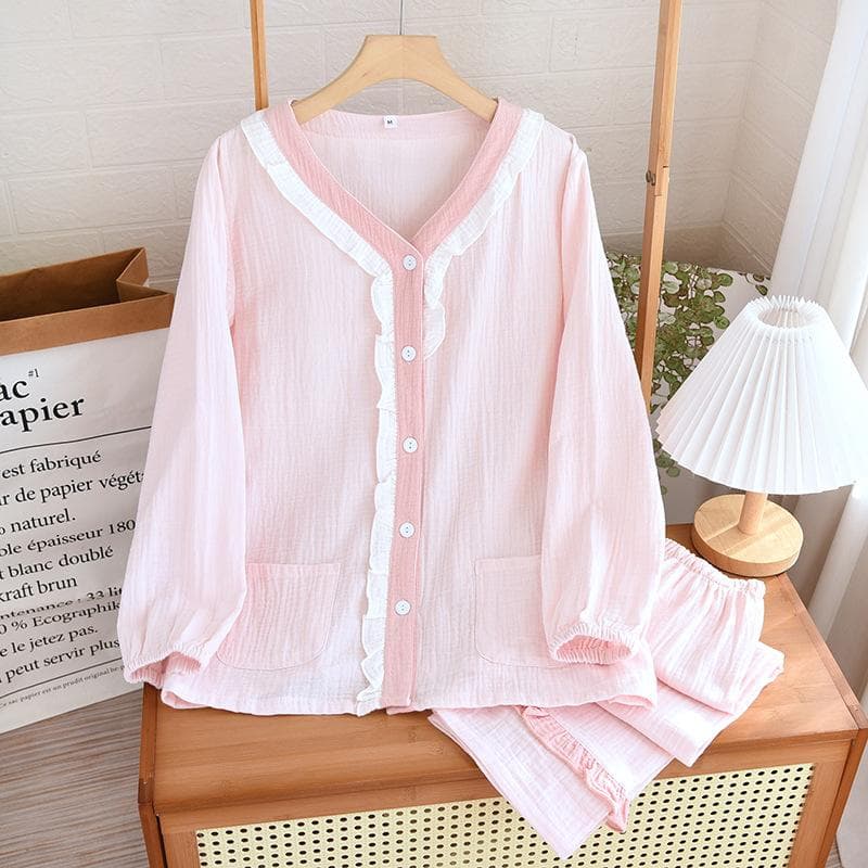 Cotton Women's Pajamas Color Contrast V-Neck Lace Home Clothes Sweet Cardigan Trousers 2Pcs Nightwear Loose Casual Homewear XL pink