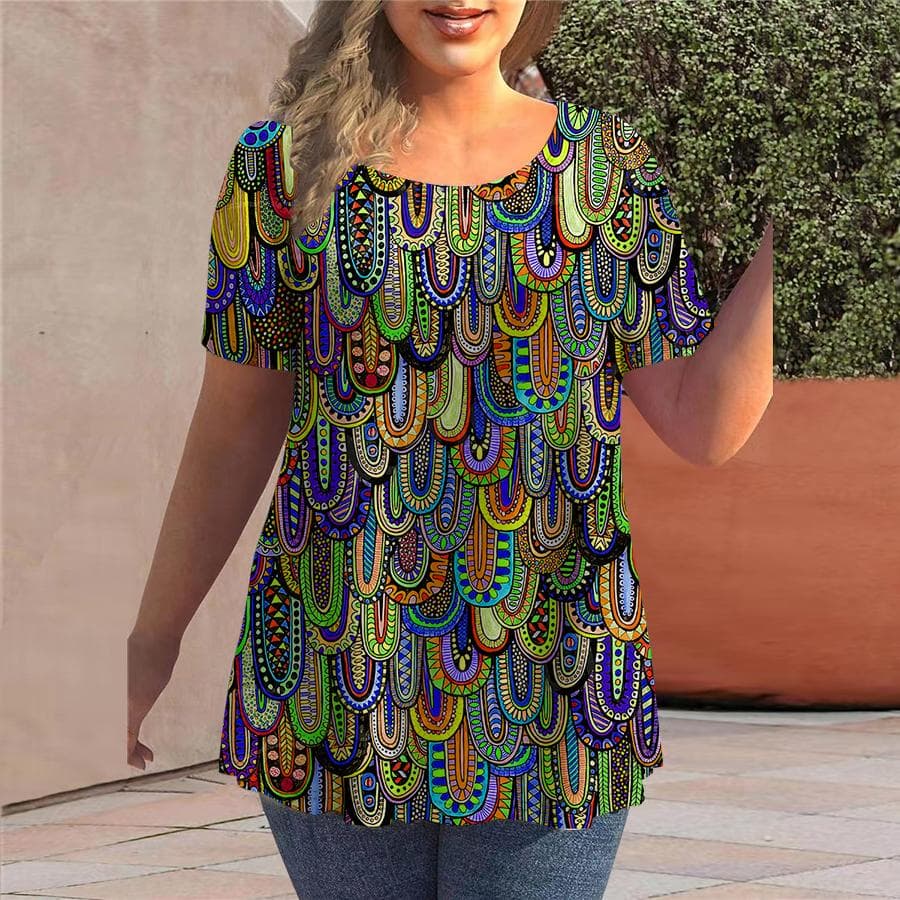 Women Summer T Shirt Colorful Embroidered Feather Print Short Sleeve Tees Casual Printed Tops 6XL yellow