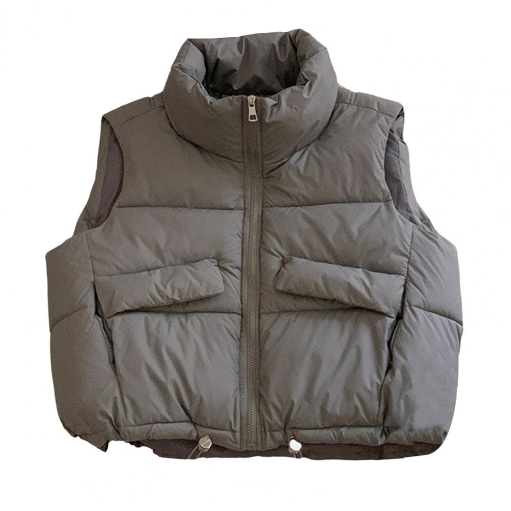 Women Vest Coat Stand Collar Sleeveless Zipper Placket Cotton Waistcoat with Pockets Drawstring Hem Loose Fit Solid Color Puffer M grey