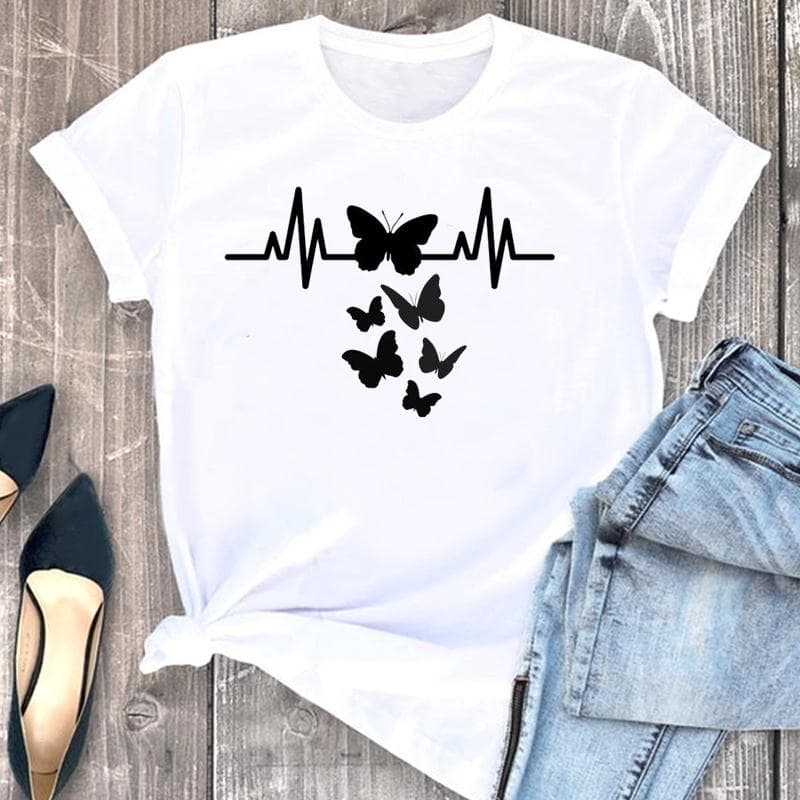 Women's Print Tee Top Summer Fashion Tshirt Love Heart Butterfly Sweet Trend Woman Female T Clothing Short Sleeve Graphic T-shirts S