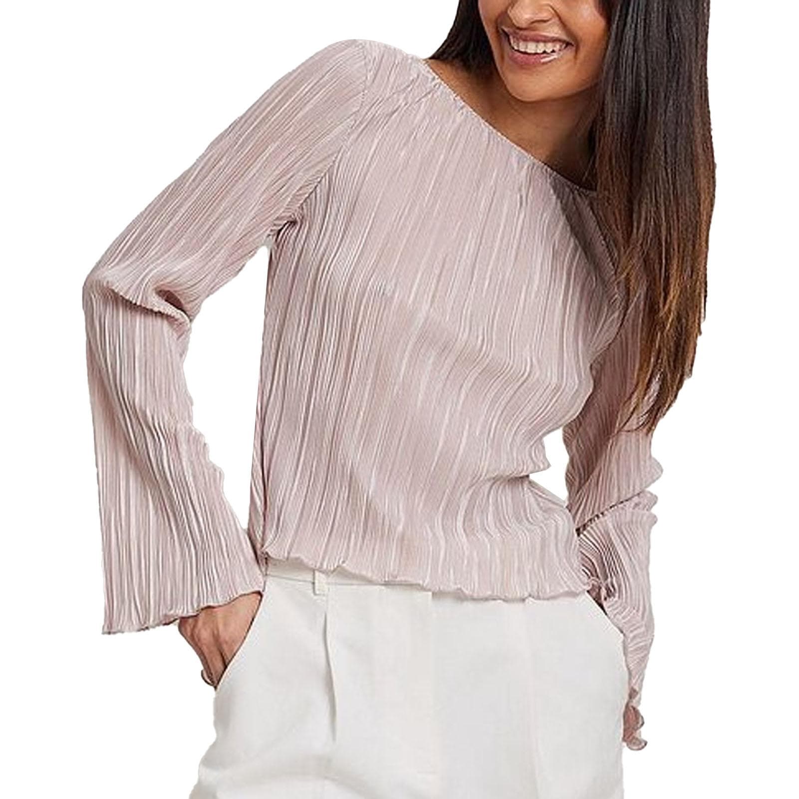 Women Blouse Crew Neck Long Bell Sleeves Back Tie Strap Shirt Ruched Top for Home Travel Pink M M(for 4-6.5kg)