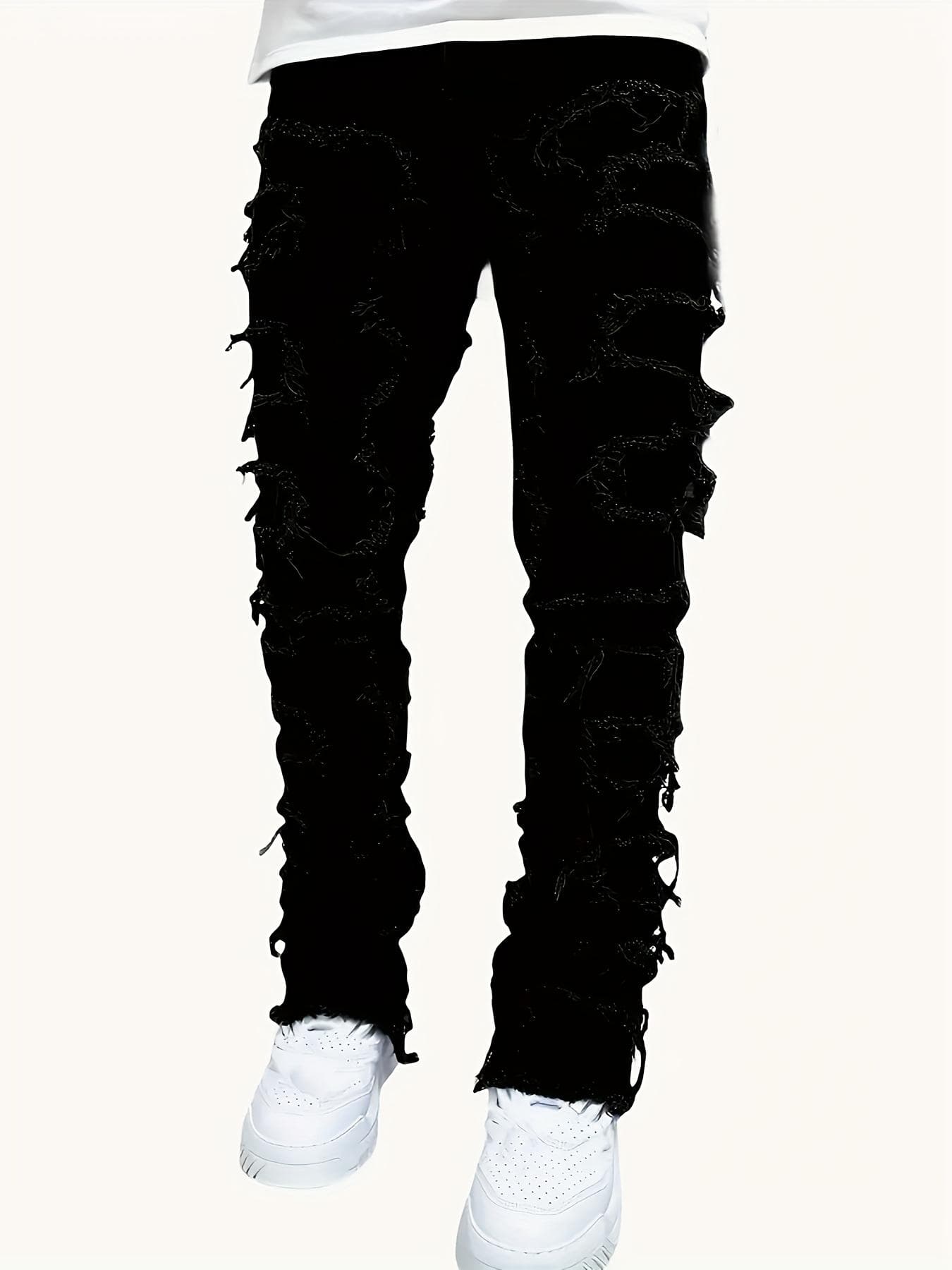 Durable Design, Men's Slim Fit Embroidered Jeans - Stretch Denim, Casual Style, Machine Washable - Perfect for All Seasons XXL black