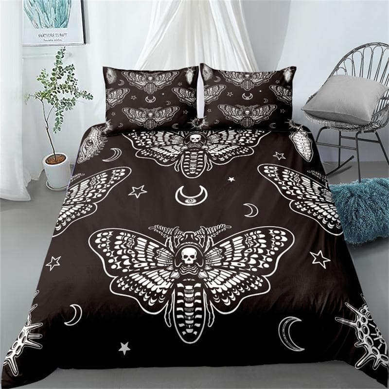 Butterfly And Death Moth Bedding Set For Girls Gothic Skull Boho Comforter Cover Decor Bedroom Sun and Moon Pattern Duvet Cover EU single(135x200cm)