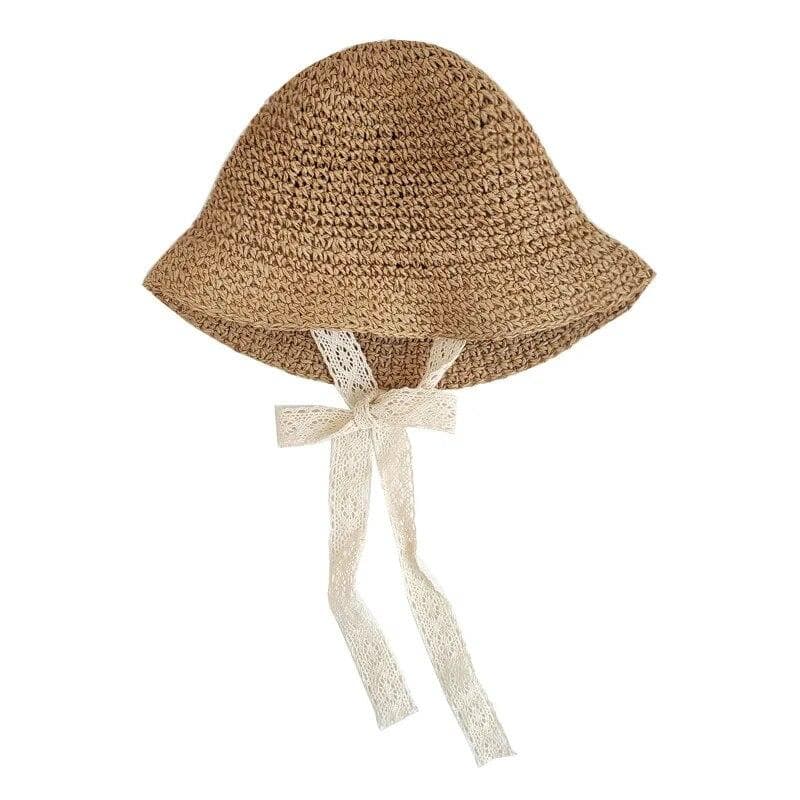 Fashion Lace Baby Hat Summer Straw Bow Baby Girl Cap Beach Children Panama Hat Princess Baby Hats and Caps for Kids 1PC 43-48 beige