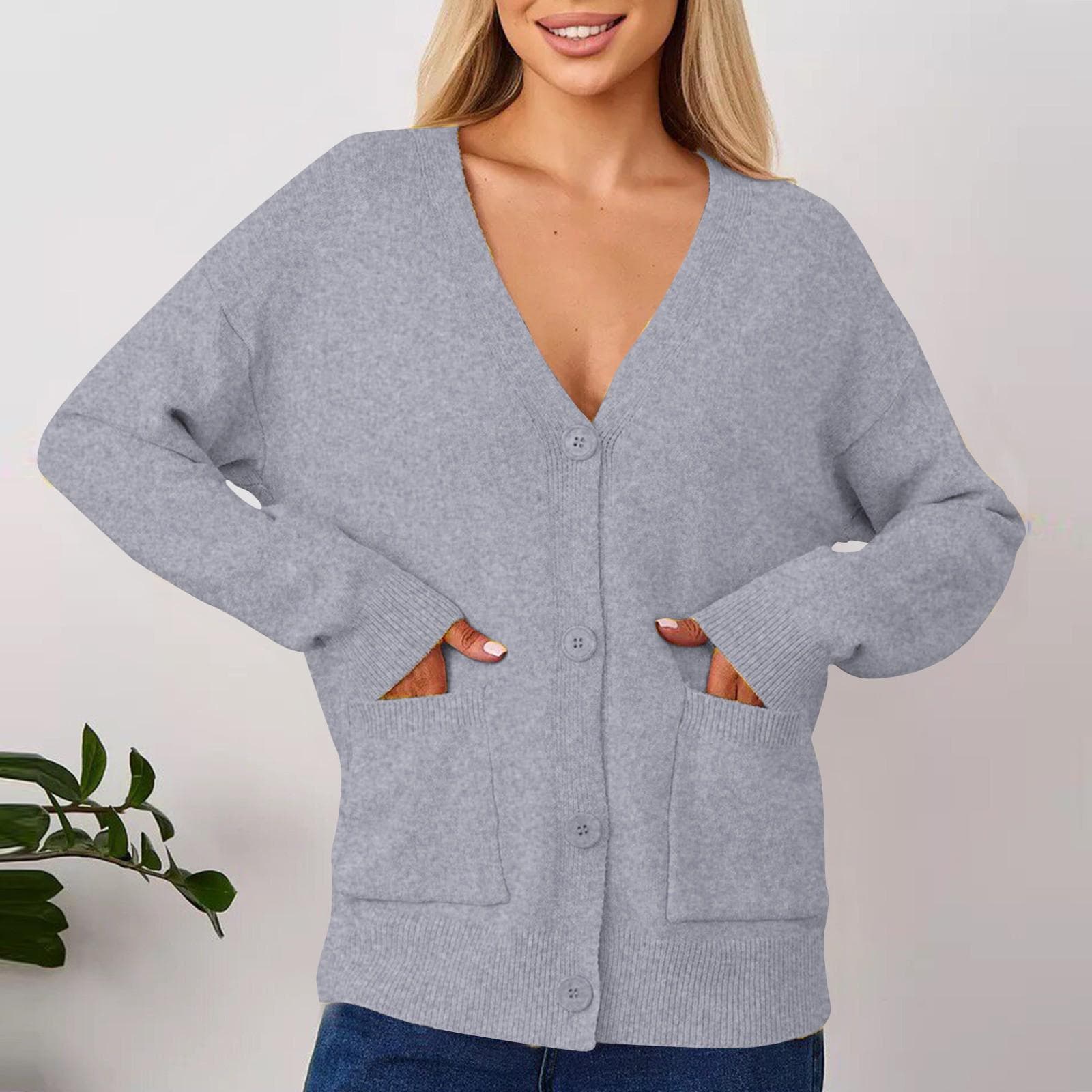 Women's Solid Color Casual Cardigan Sweater With Pockets For Women's Coat S