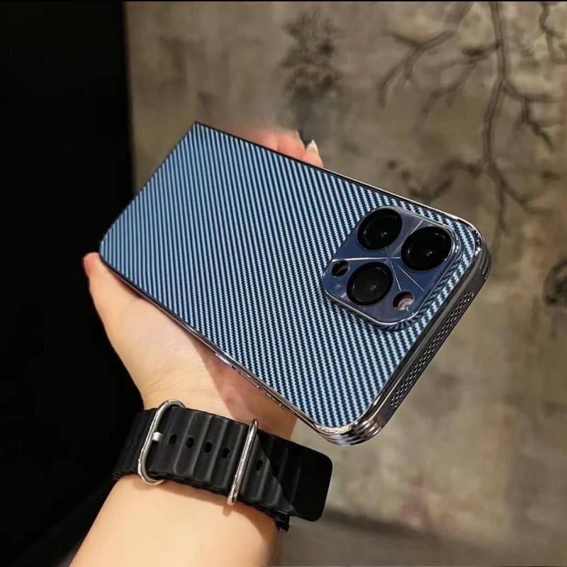 Apple 16PRO Carbon Fiber Pattern Mobile Phone Case IPhone 15 Electroplated Heat Dissipation Frame Anti-fingerprint Protection Case iPhone 12 blue