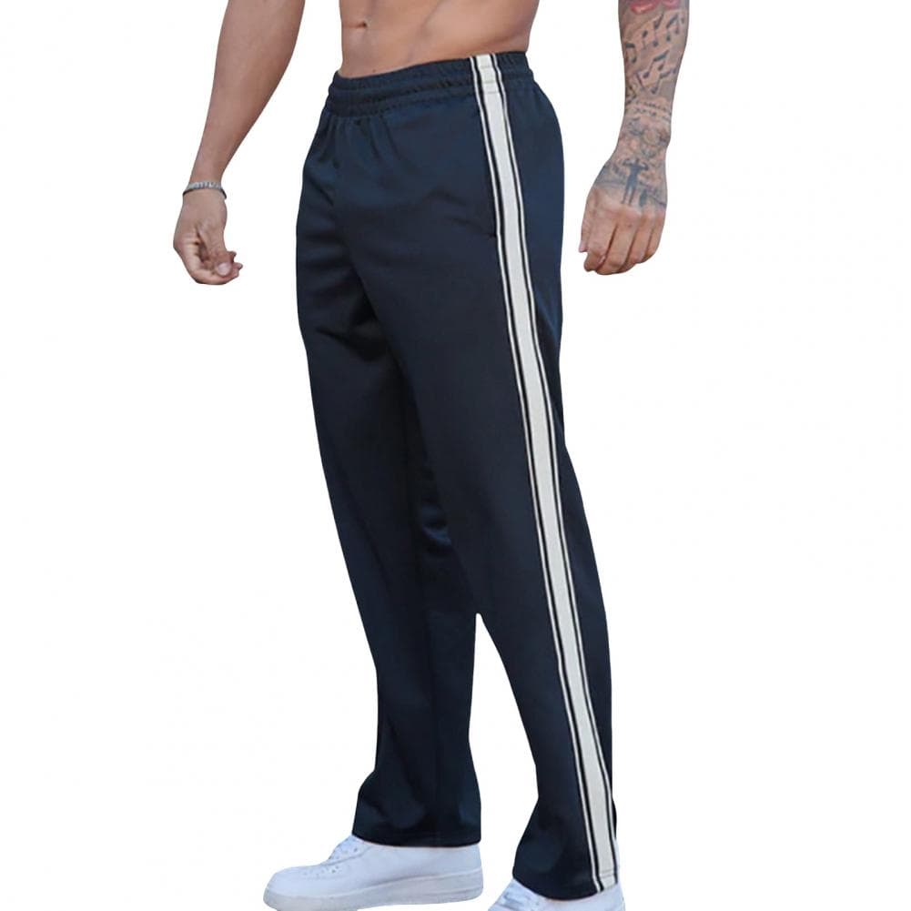 Men Sport Pants Loose Straight Wide Leg Elastic Waist Soft Breathable Side Stripe Solid Color Gym Traning Jogging Sweatpants Ful XXL navy blue
