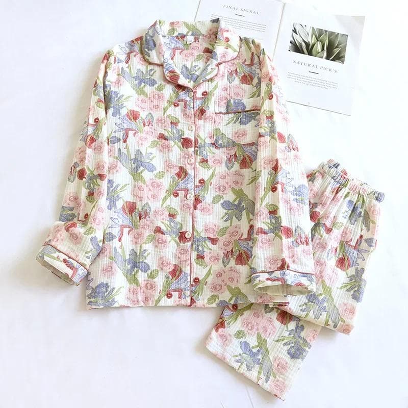 New Spring and Autumn Women's Pajama Set 100% Cotton Printed Polo Collar Long Sleeve Two Piece Loose Floral Home Furnishing 2XL