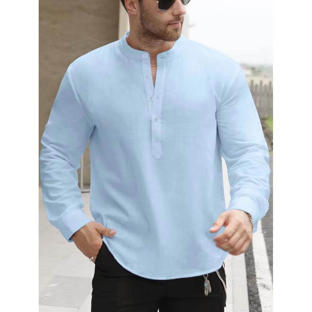 Premium White Cotton Linen Henley Shirts for Men Lightweight Long Sleeve Casual Streetwear Everyday Wear US L 70-80 KG blue