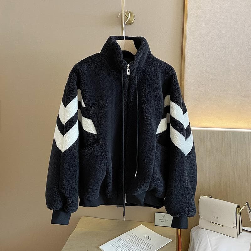 Black and White Color Matching Coat Women's Winter New Korean Version Loose Thickened Warm Cotton Clothes XL black