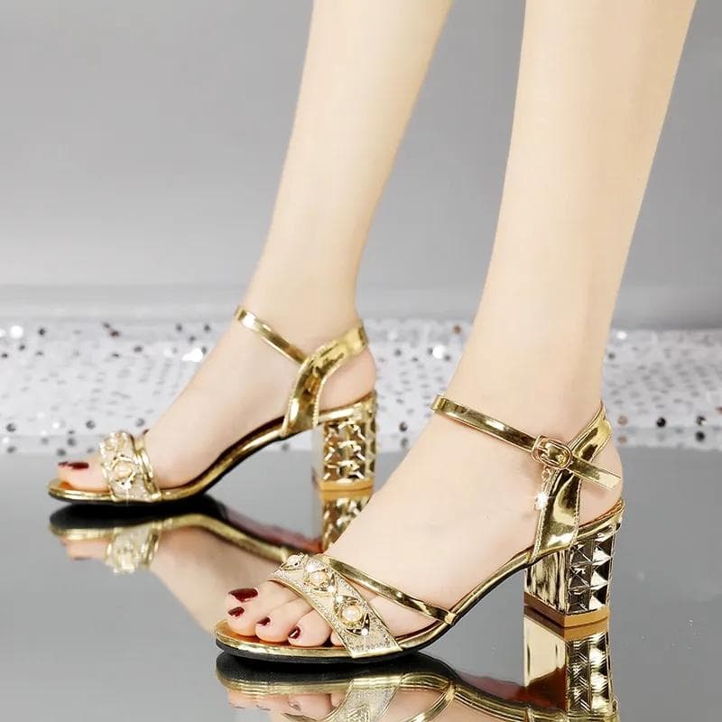 High-heeled Sandals Women's Summer Thick Heel Buckle Rhinestone Sandals Large Size Open Toe Pearl All-match Casual Sandals 35 gold