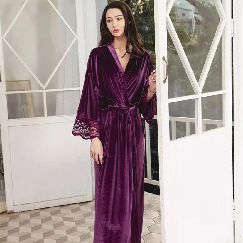 Long Velvet Robes with Lace Robe Women Bride Bridesmaid Kimono Bathrobe Party Soft Lady Wedding Homewear Warm Velvet Robe Gown One Size