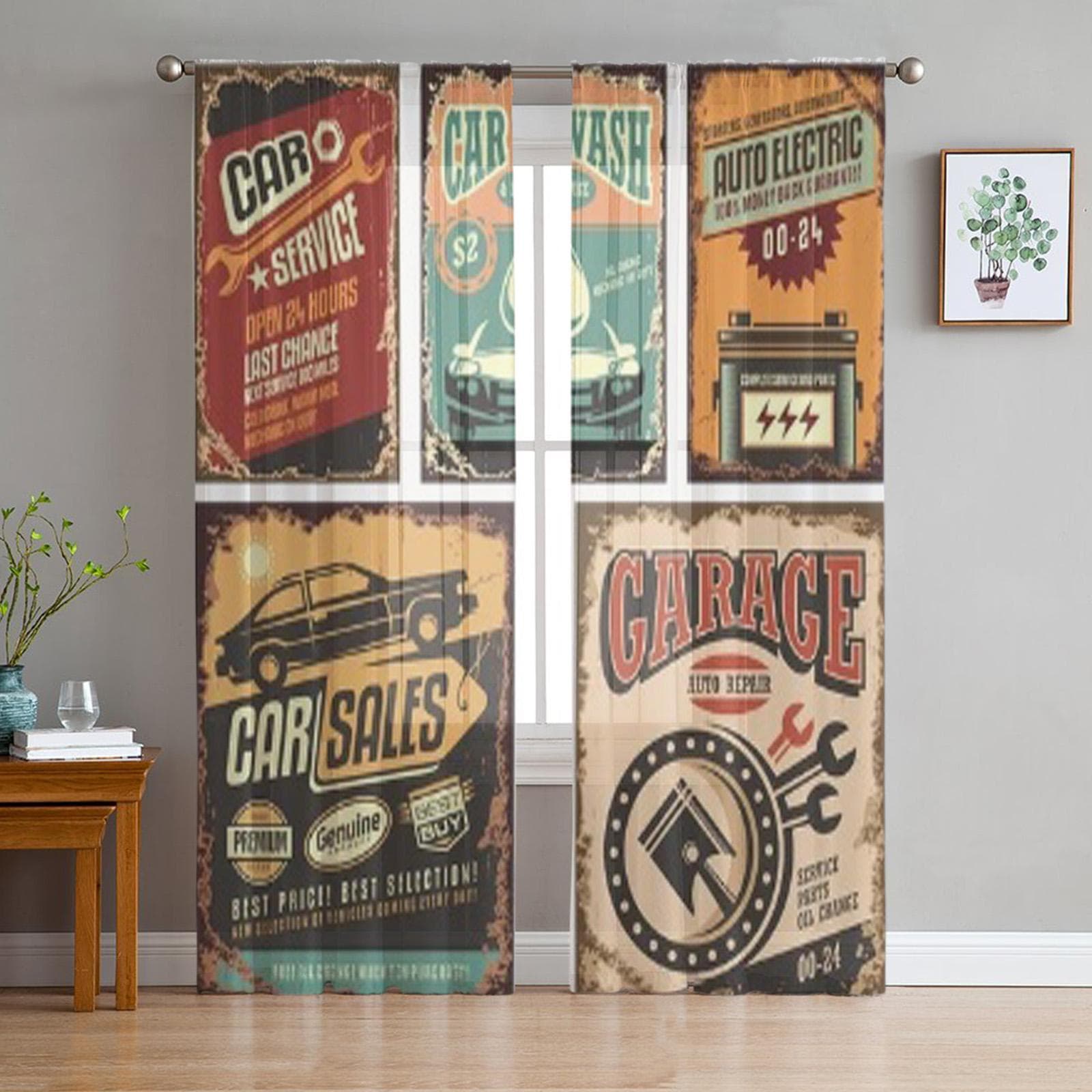 Vintage Car Service Metal Signs And Posters Sheer Curtains for Living Room Tulle Window Curtain Bedroom Kitchen Veil Drapes 135W x 114H(cm)