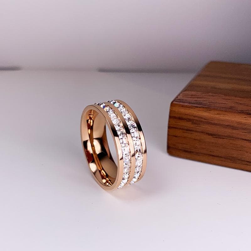 Luxury Rose Gold Color Double Row Square Zircon Stainless Steel Ring For Women Romantic Engageme Wedding Party Jewelry Female 7