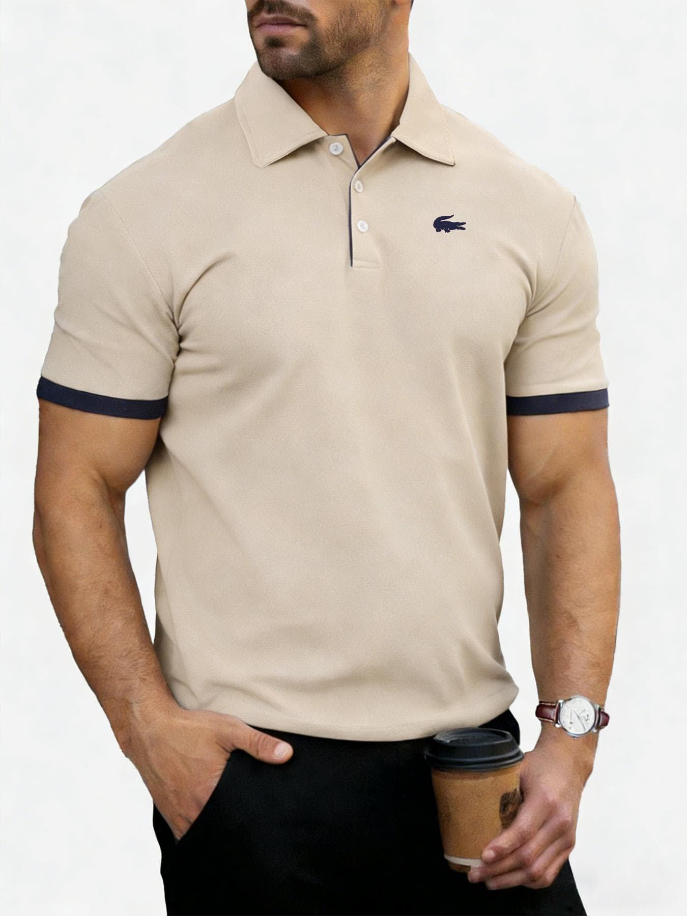 Men's Polo Shirts Short Sleeve - Shirts for Men's Regular-Fit, Casual Athletic Collared T-Shirts L beige