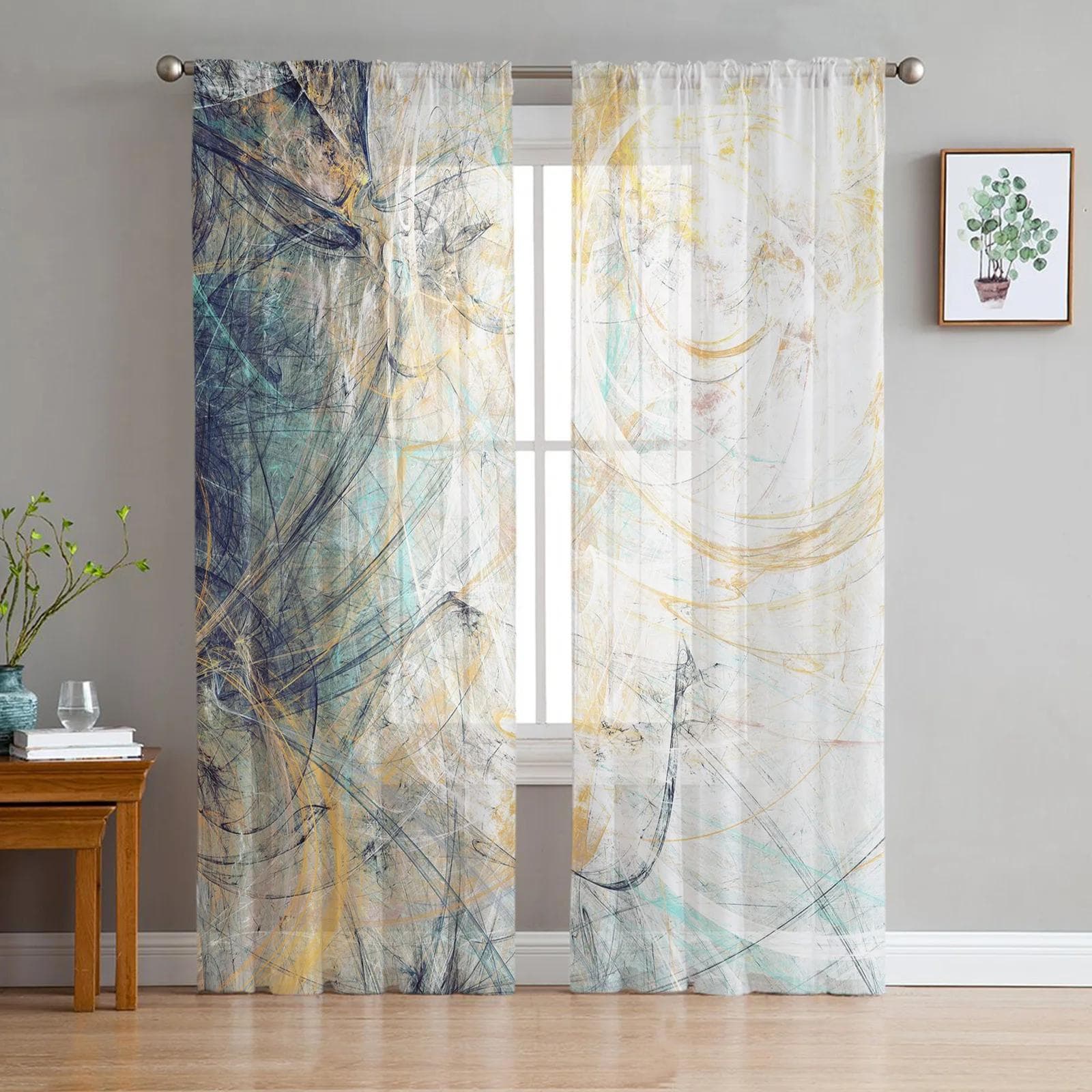 Luxury Tulle Curtains Art Paint Modern Retro Living Room Kitchen Chiffon Curtain Youth Bedroom Sheer Floor Valance Curtain 135W x 114H(cm)