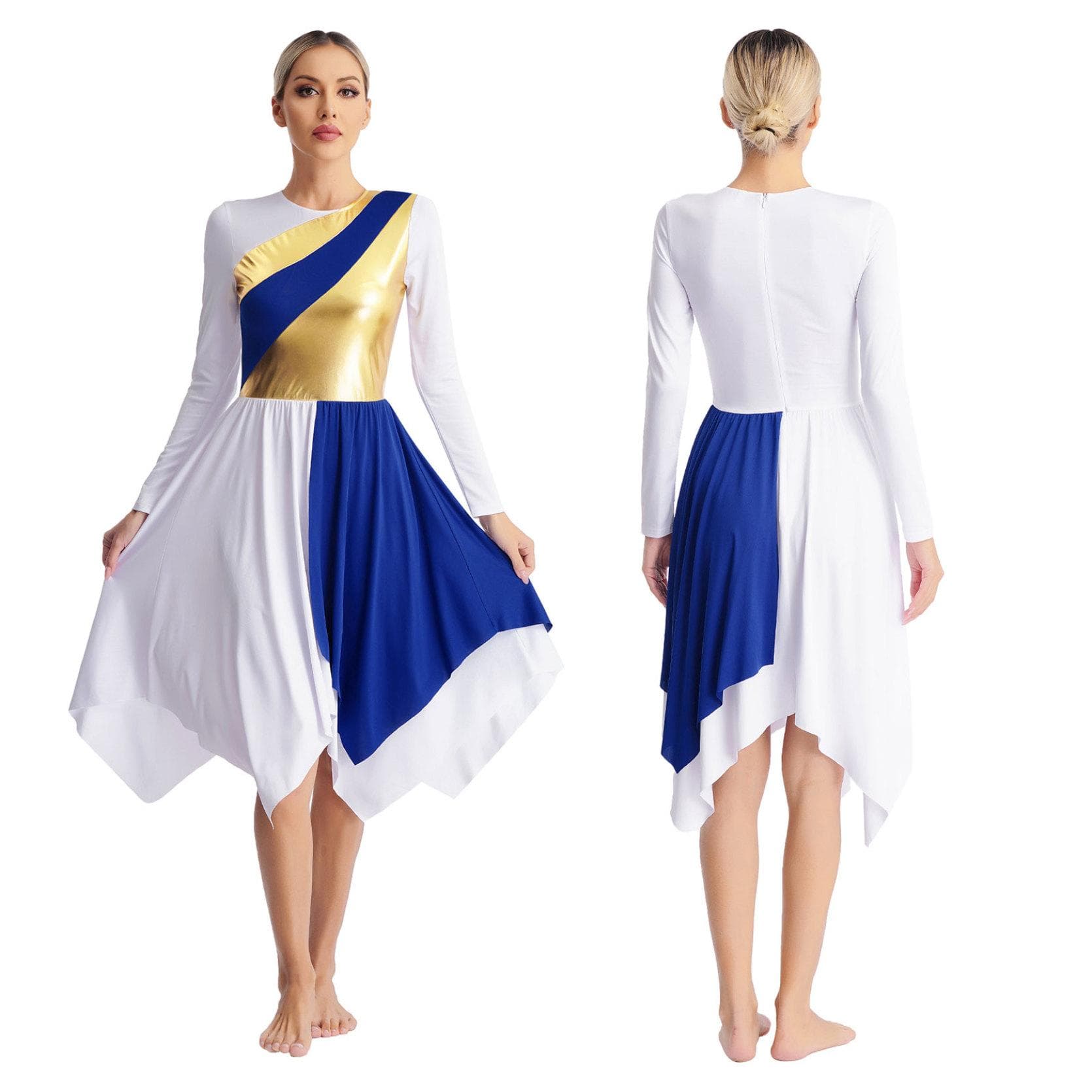 Womens Liturgical Lyrical Dance Dress Long Sleeve Metallic Contrast Color Asymmetrical Dresses Worship Performance XXL blue