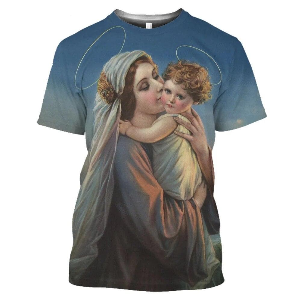 Summer Women's Short Sleeve Women's T-Shirt Round Neck 3D Print Shirt Christ Jesus Virgin Mary Pattern Fashion Casual Top M