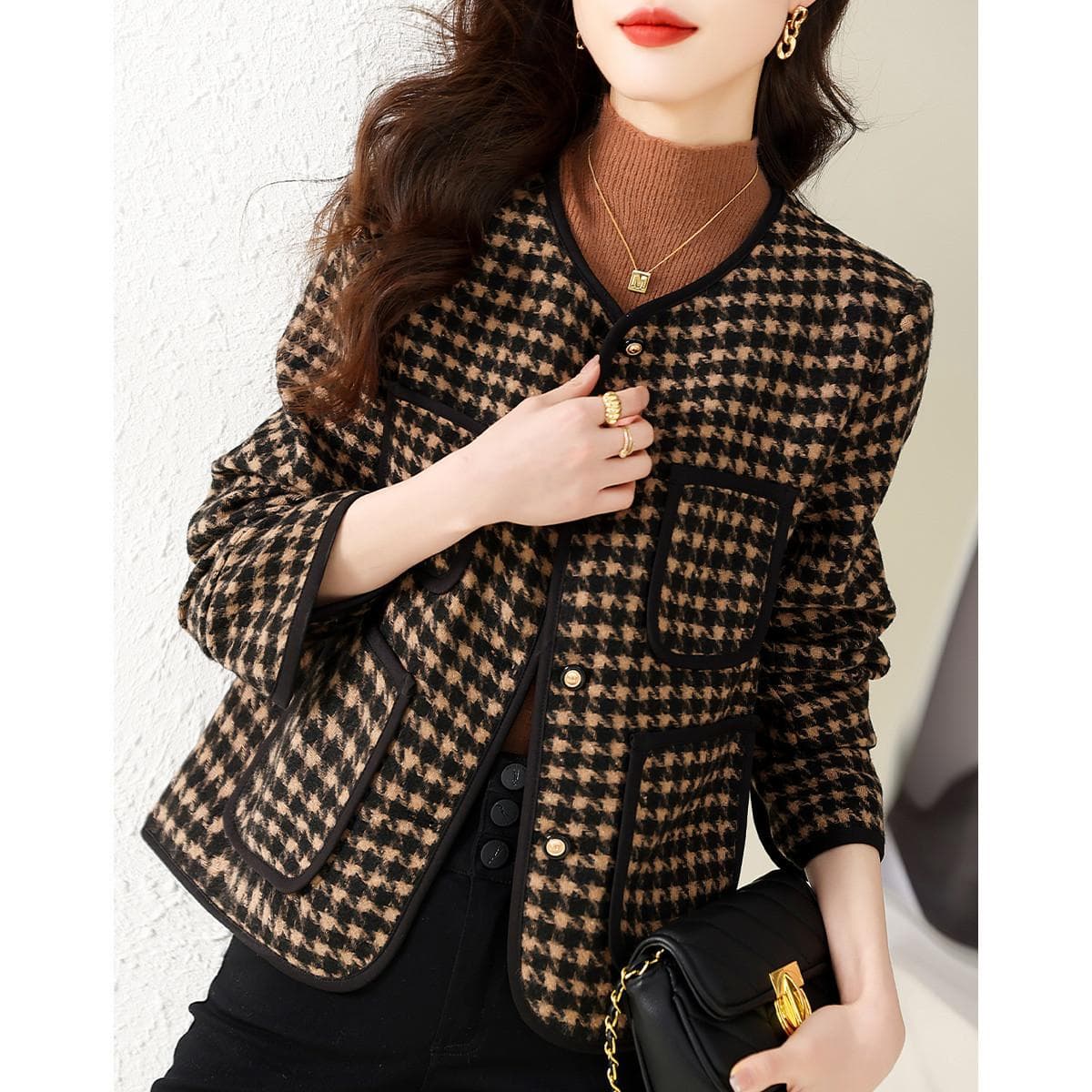 Classic Plaid Autumn and Winter Casual Loose Korean Version Single-breasted Small Fragrance Round Neck Plaid Jacket for Women 2XL