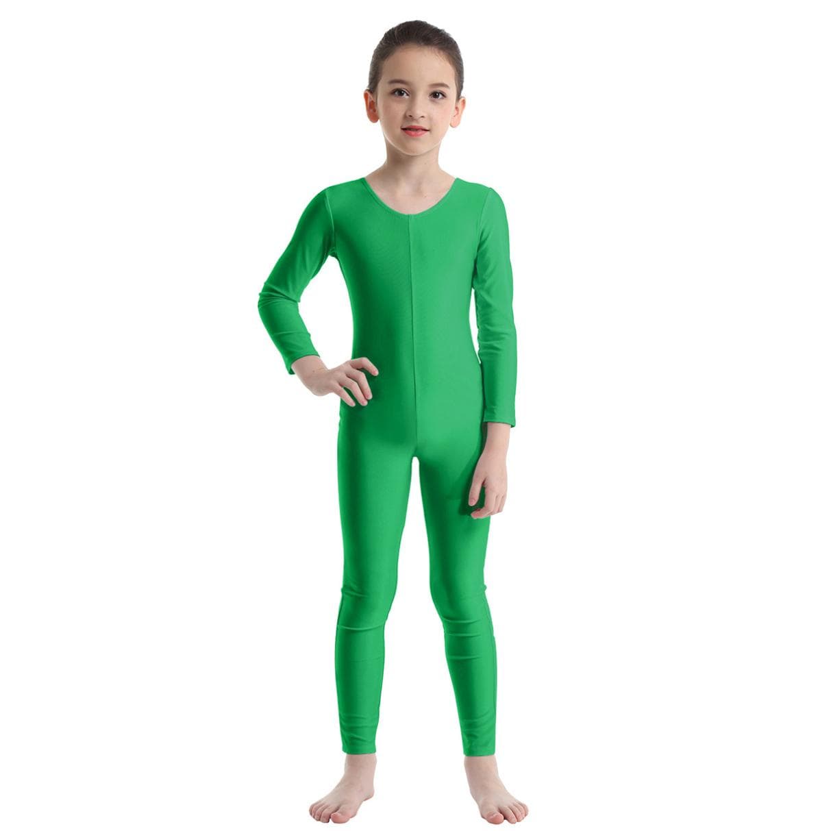 Girls Ballet Dance Crew Neck Unitard Jumpsuit One Piece Full Length Dance Training Catsuit Bodysuit 9-10 Years green