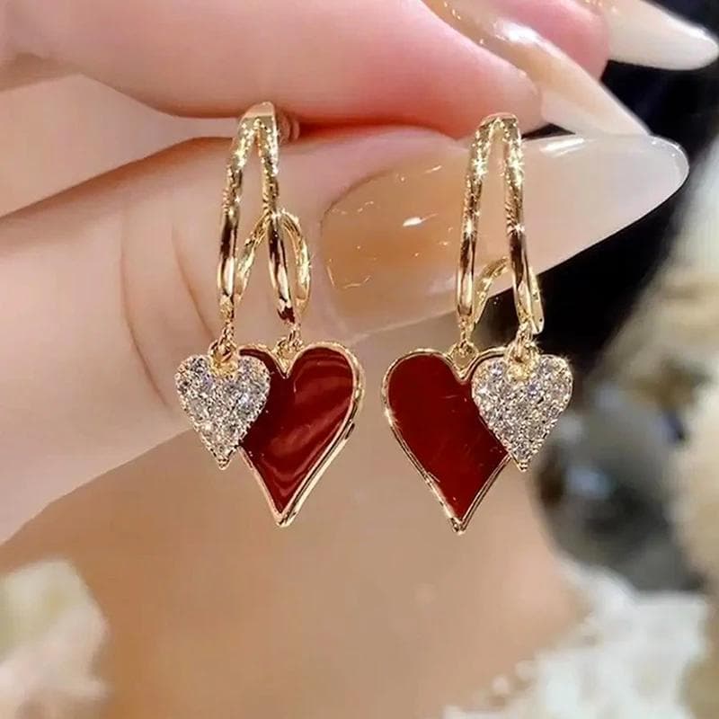 Retro Oil Dripping Rhinestone Double Heart-shaped Pendant Stud Earrings for Women Fashion Temperament Girls Jewelry red