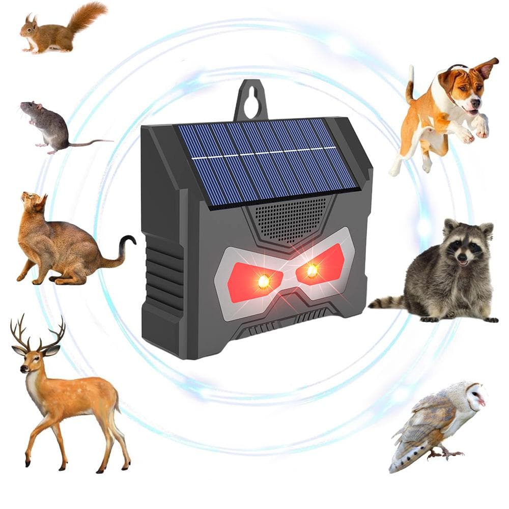 Solar Animal Repellent Tool Waterproof Ultrasonic Raccoon Repeller with LED Flash Lamp black