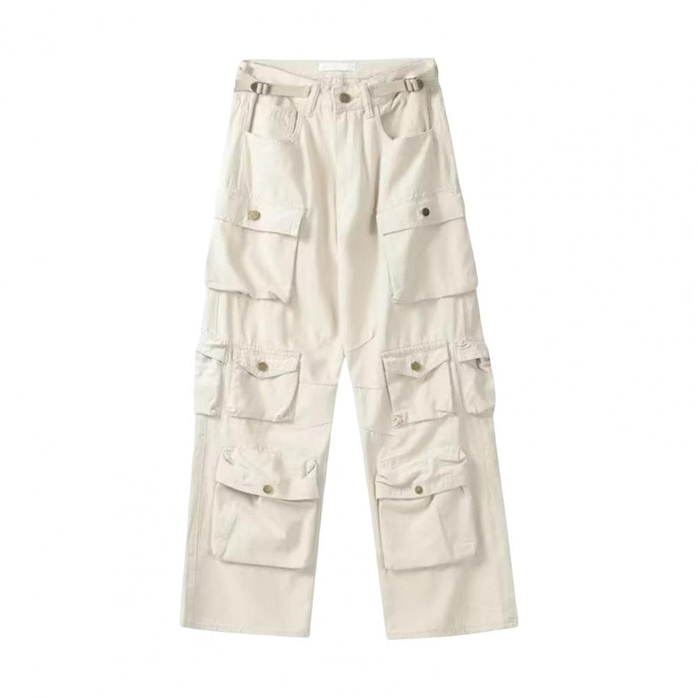 Unisex Cargo Pants Loose Adjustable Waist Solid Color Wide Leg Straight Multi Pockets Streetwear Outdoor Travel Trousers M apricot