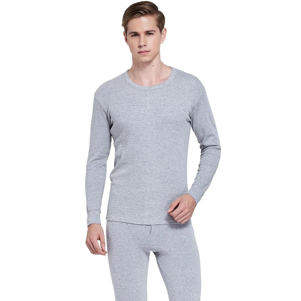 Men's Warm Lounge Set, O-Neck Long Sleeve Tops, Elastic Waist Long Pants, Monochromatic Thin Pajamas, 2Pcs Set M light grey