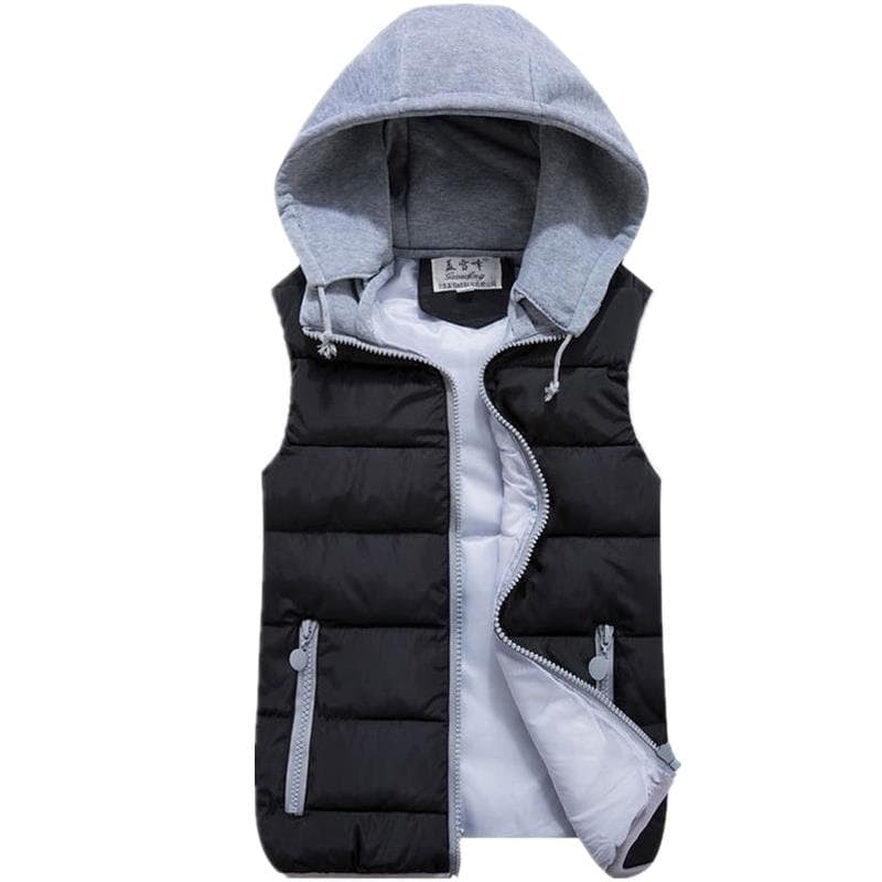 Women Cotton Wool Collar Hooded Down Vest Removable Hat Female Thicken Winter Warm Jacket Outerwear M black