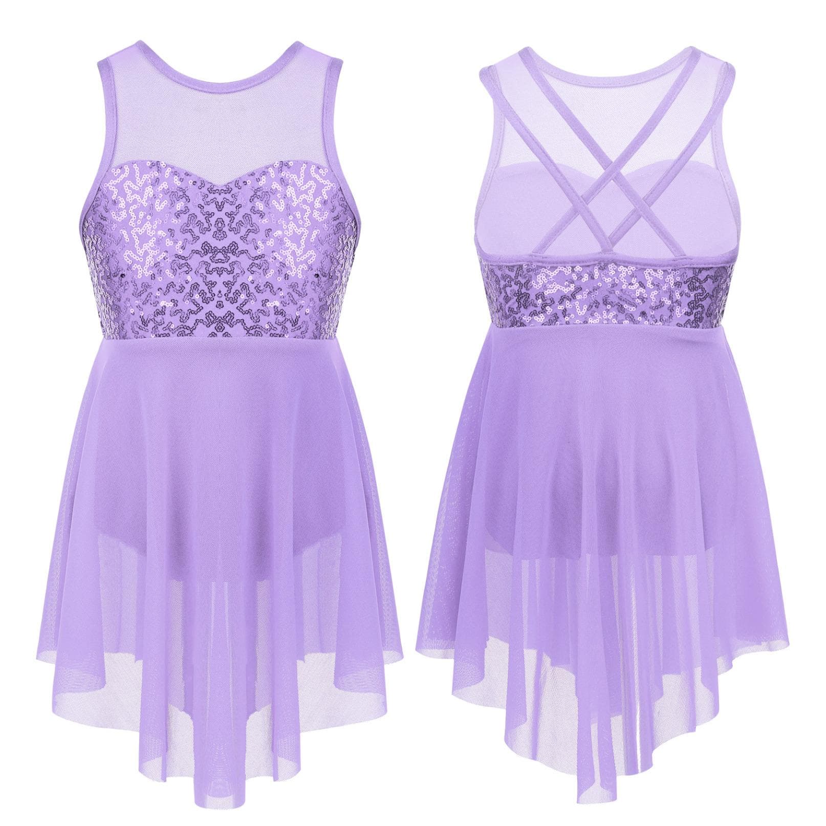 Kids Girls Modern Lyrical Dance Costumes Sleeveless Sequins Criss-Cross Back Ballet Irregular Leotard Dress 13-14 Years lavender