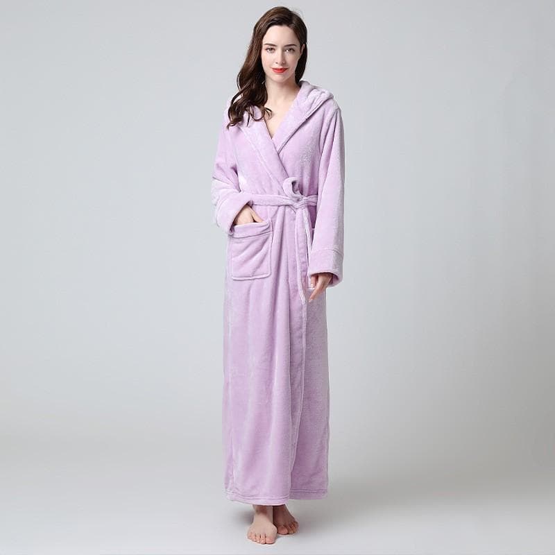 Extra Long Winter Coral Fleece Bathrobe Women's Hooded Warm Kimono Bathrobe Comfortable Kimono Shower Robe Loose XL